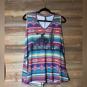 The American Way Aztec Print Rodeo Bronc Bustin’ Silhouette V-Neck Tank Small